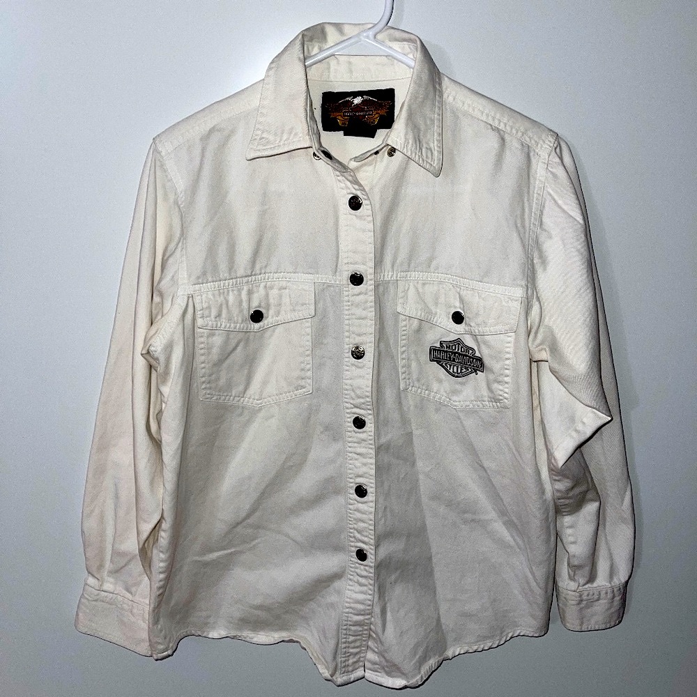 Harley Davidson White Denim Snap Front Shirt Jacket Size Medium